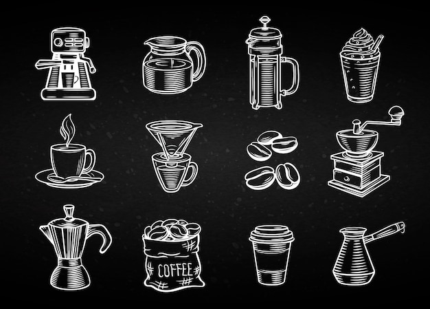 Set di icone decorative disegnate a mano del caffè