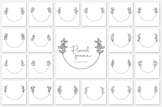 Hand Drawn Decorative Outlined Wreaths with Branches, floral round frames, floral wreath.