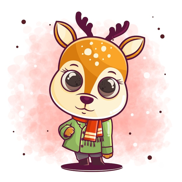 Hand drawn deer cartoon in stylish winter outfits illustration
