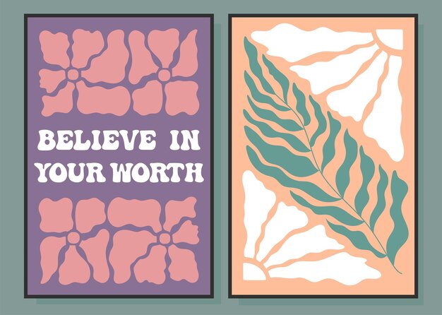 Hand drawn delicate motivational posters believe in yourself floral design in minimalistic style