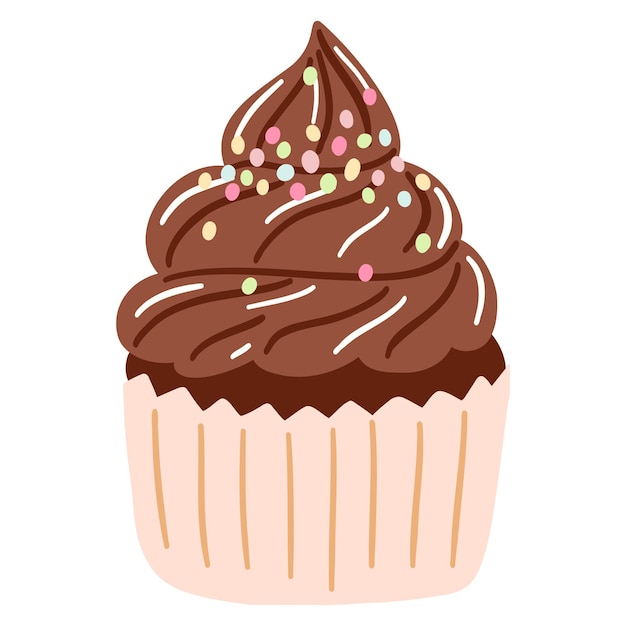 Hand drawn delicious chocolate cupcake in cartoon style Vector illustration of sweets dessert pastries