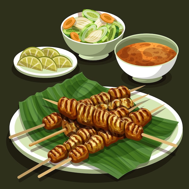 벡터 접시에 손으로 그린 맛있는 satay