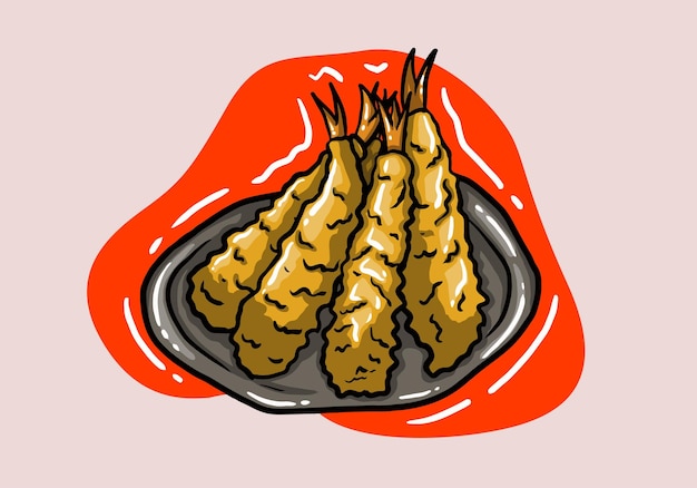 Hand drawn Delicious Tempura. Japanese food cartoon. Fried prawn. Flat vector illustration cartoon.