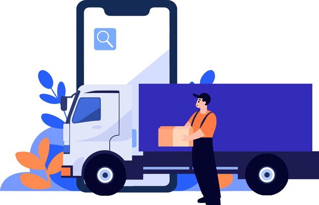 Hand Drawn Delivery man character with truck In the concept of online delivery in flat style isolated on background