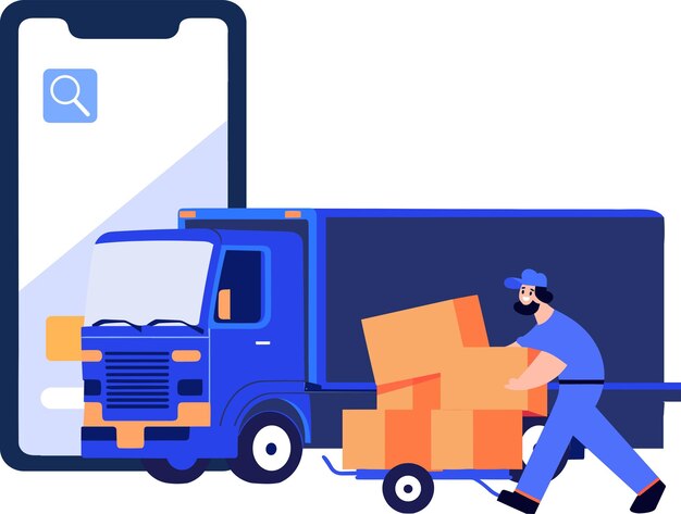 Вектор Ручно нарисованный персонаж доставщика с грузовиком в концепции онлайн-доставки в плоском стиле, изолированном на фоне