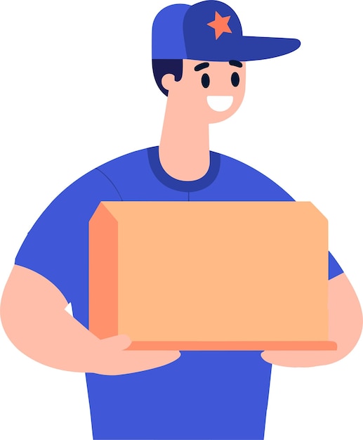 Hand Drawn a delivery man is delivering a package to a customer in flat style isolated on background