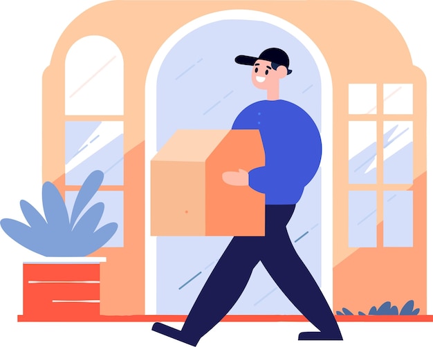 Vector hand drawn a delivery man is delivering a package to a customer in flat style isolated on background