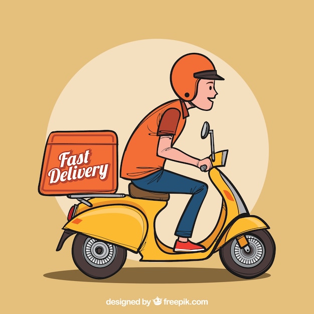 hand drawn delivery man on scooter