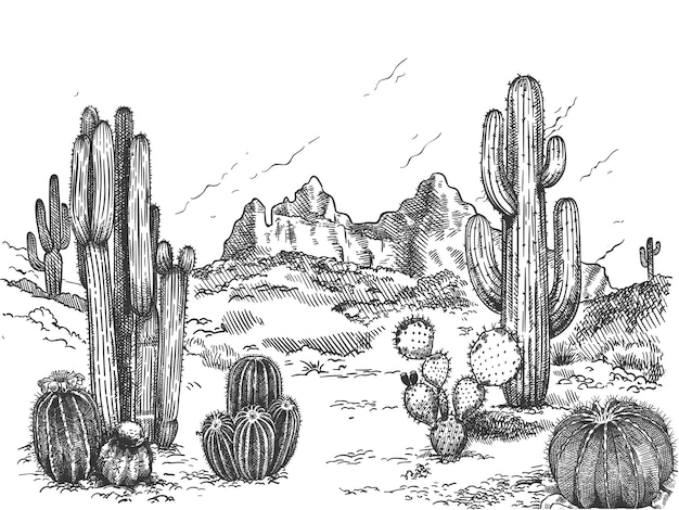 ベクトル 手描きの砂漠の風景