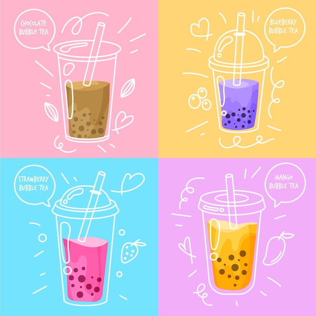 Vector hand drawn design bubble tea flavors