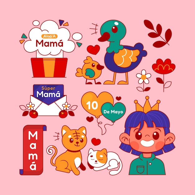 Коллекция элементов дизайна, нарисованных вручную для празднования Дня матери на испанском языке