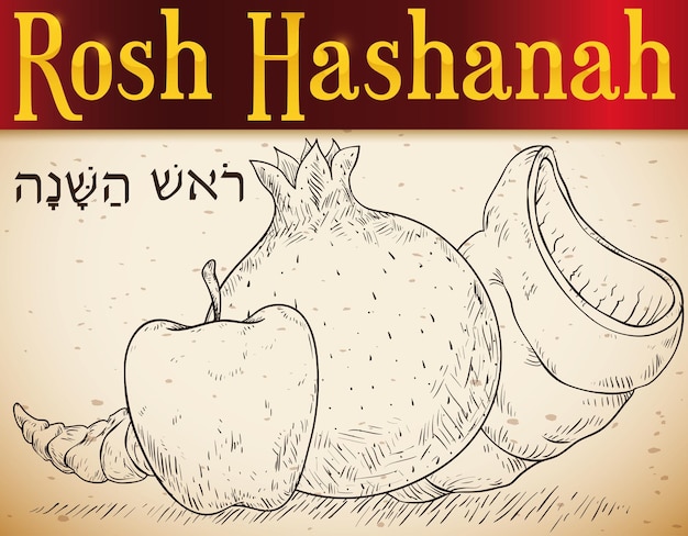 ロシュ・ハシャナまたはユダヤ人の新年のザクロリンゴとショファルホーンの要素の手描きのデザイン