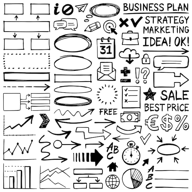 Hand drawn design elements Vector frames flow charts graphs arrows icons and different shapes