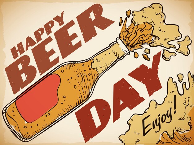 Нарисованный вручную дизайн с открытой бутылкой пива, из которой выходит вкусная пена на День пива