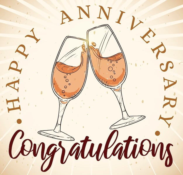 Hand drawn design with delicate wine glasses ready for celebratory toast during anniversary