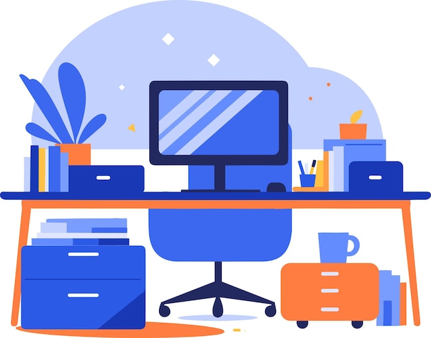 Hand Drawn desk in the office is organized in order in flat style isolated on background