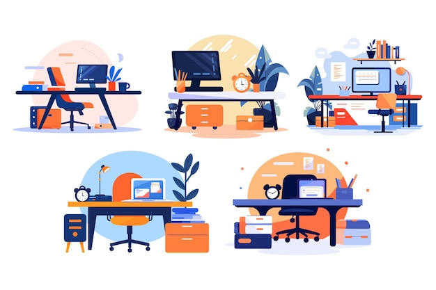 Hand Drawn desk in the office is organized in order in flat style isolated on background