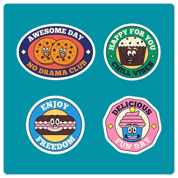 hand drawn desserts flat trendy cartoon badges sticker pack