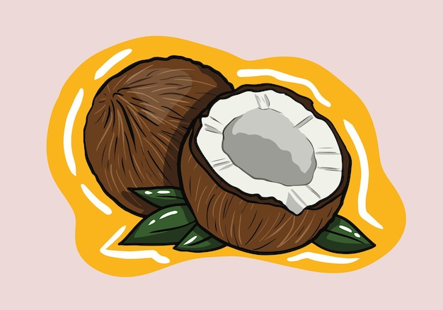 Hand Drawn Detailed Brown Exotic Whole Coconut, Half and Green Leaf. Fresh Tropical Fruit