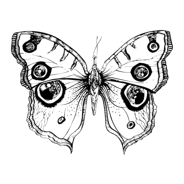 Hand drawn detailed butterfly. Isolated on white background, vector insect, monochrome illustration