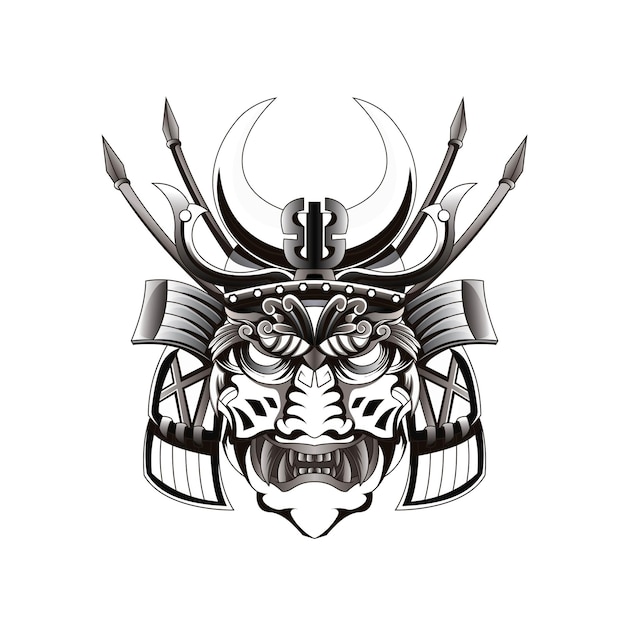 Hand Drawn Devil Oni Samurai warrior mask head mascot for tattoo