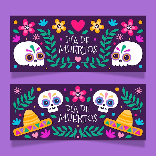 Hand drawn dia de muertos banners template