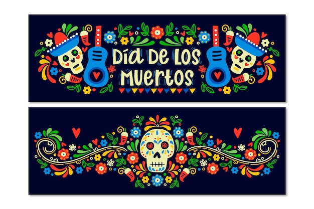 Hand drawn dia de muertos banners