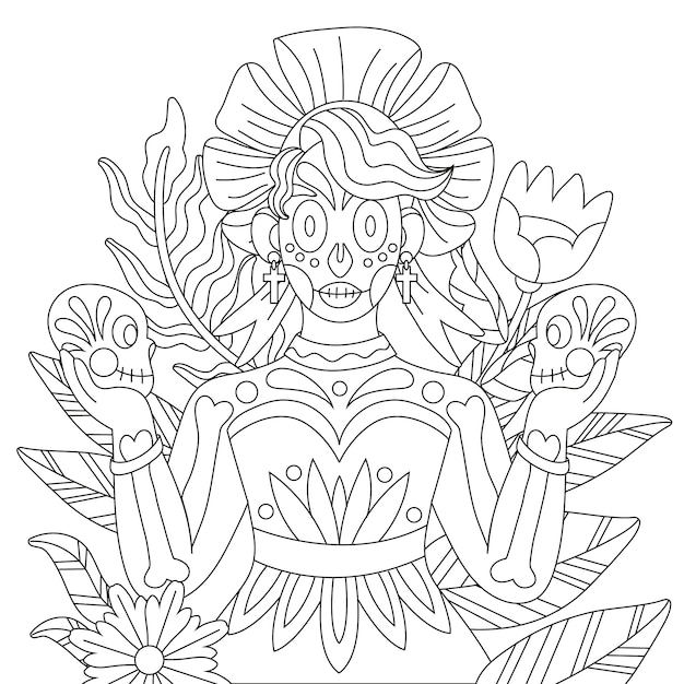 Vector hand drawn dia de muertos catrina coloring page illustration