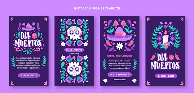 Vector hand drawn dia de muertos instagram stories collection