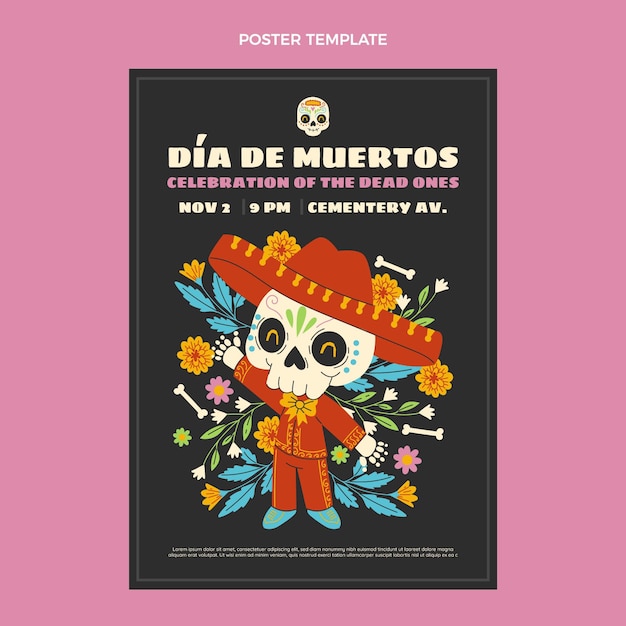 Vector hand drawn dia de muertos vertical poster template