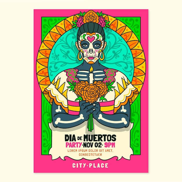 Vettore modello di poster verticale dia de muertos disegnato a mano