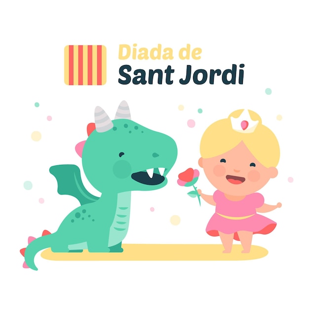 Hand drawn diada de sant jordi illustration with dragon and princess