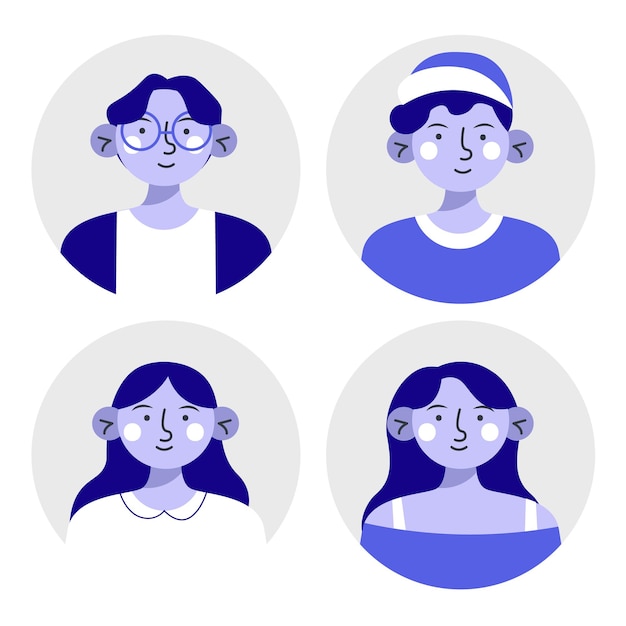 Vector hand drawn different profile icons pack in blue and white style