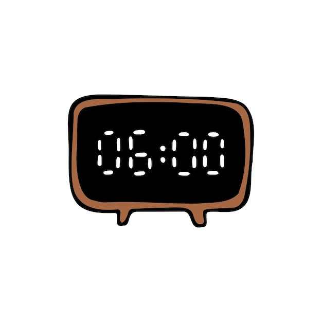 Hand drawn digital alarm clock Vector doodle electronic watch in color Brown and black White numbers