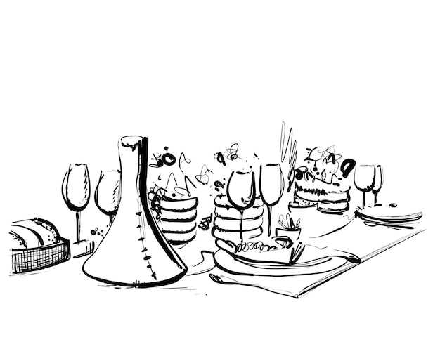 Vector hand drawn dinner dishware romantic food and drink sketch