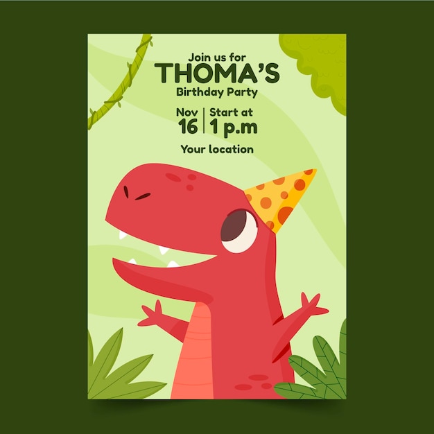 Vector hand drawn dinosaur birthday invitation template