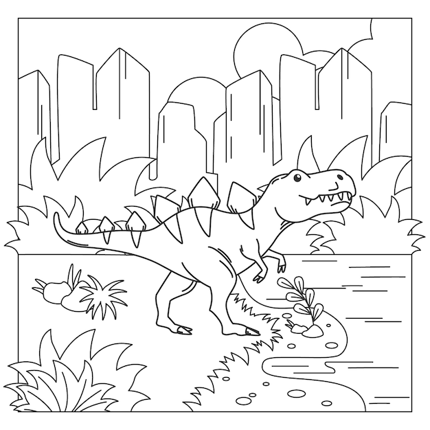 Hand drawn dinosaur coloring book illustration