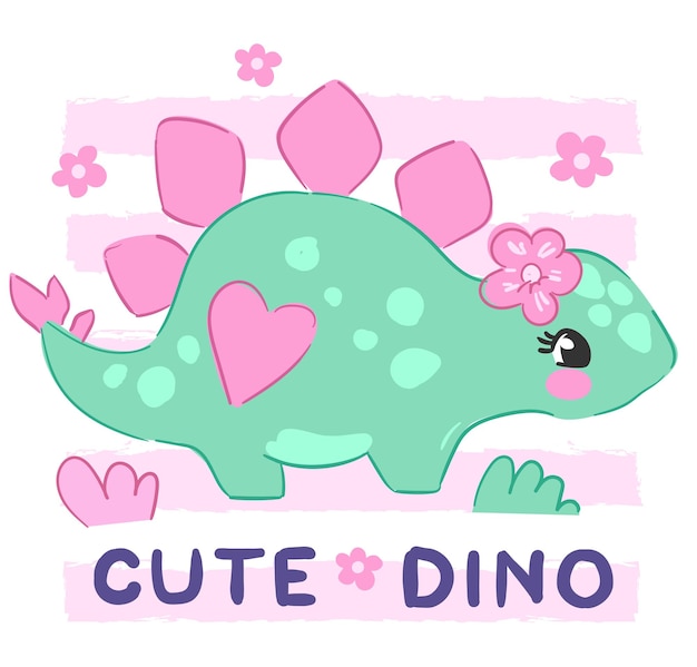 Vector hand drawn dinosaur girl little cute summer baby print vector illustration