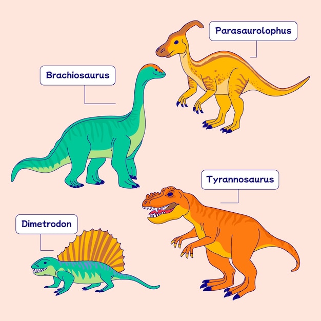 Вектор Коллекция элементов имен динозавров, нарисованных вручную