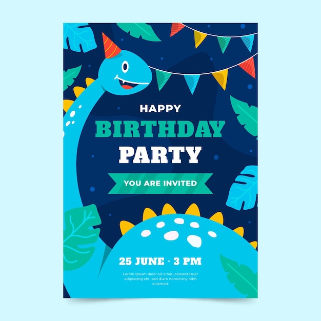 Hand drawn dinosaur vertical birthday invitation template