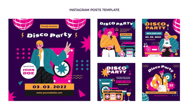 Hand drawn disco party instagram posts template