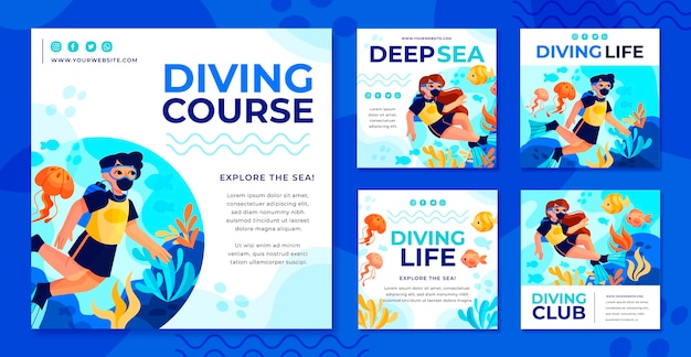 Hand drawn diving course instagram posts