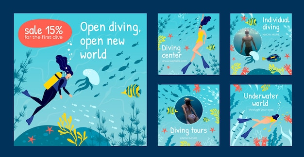 Vector hand drawn diving instagram posts