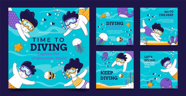 Hand drawn diving instagram posts