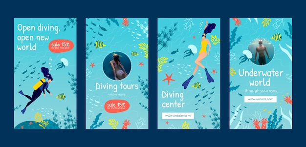 Vector hand drawn diving instagram stories