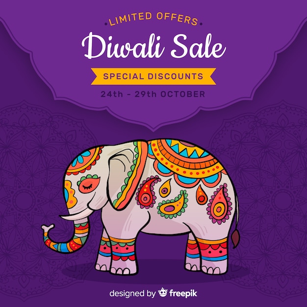 Hand drawn diwali sale and indian elephant