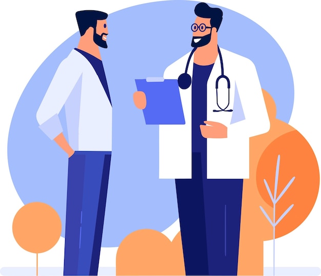 Vector hand drawn doctor talking to patient at hospital in flat style isolated on background