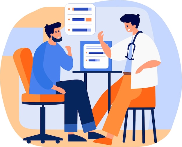 Vector hand drawn doctor talking to patient at hospital in flat style isolated on background