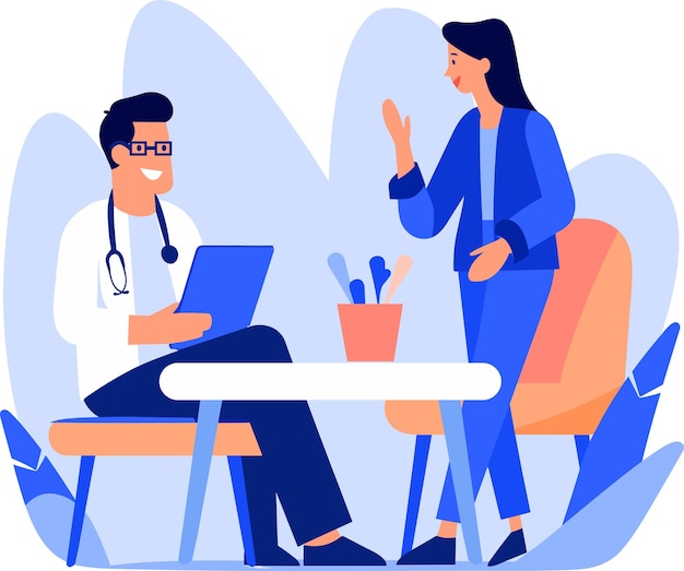 Vector hand drawn doctor talking to patient at hospital in flat style isolated on background