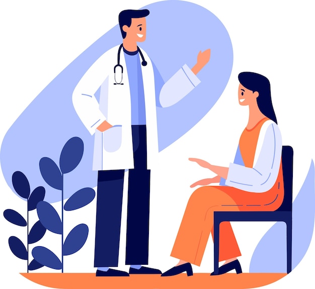 Hand Drawn Doctor talking to patient at hospital in flat style isolated on background
